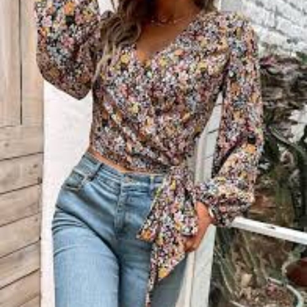 Shein Floral Long Sleeve Boho Wrap Tie Front V Neck Blouse Size Med
